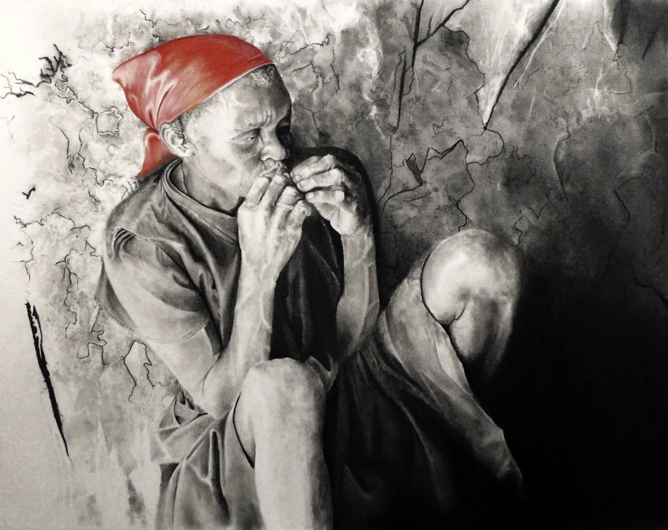 Charcoal artwork by Jason DeLong depicting a seated figure with a red headscarf
