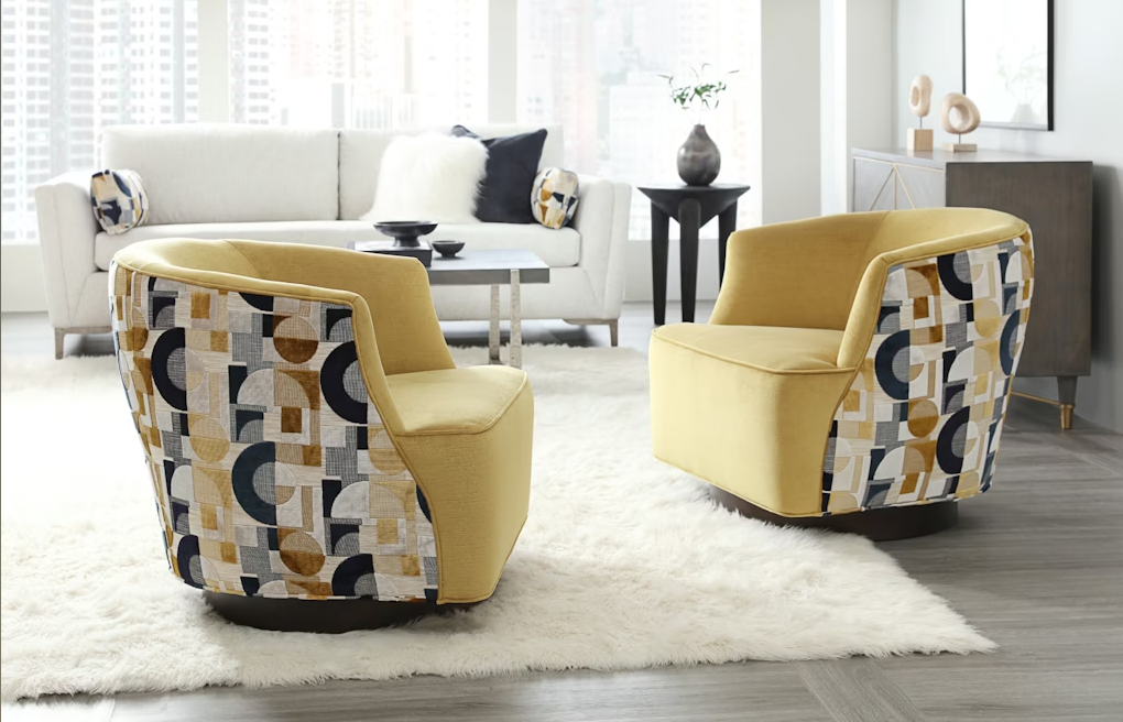 Patterned occasional chairs in a room setting